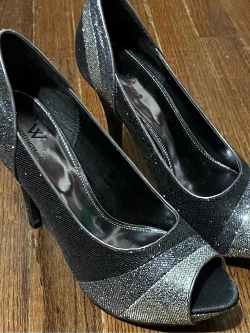 Worthington Black and Silver Glitter Peep-Toe Heels